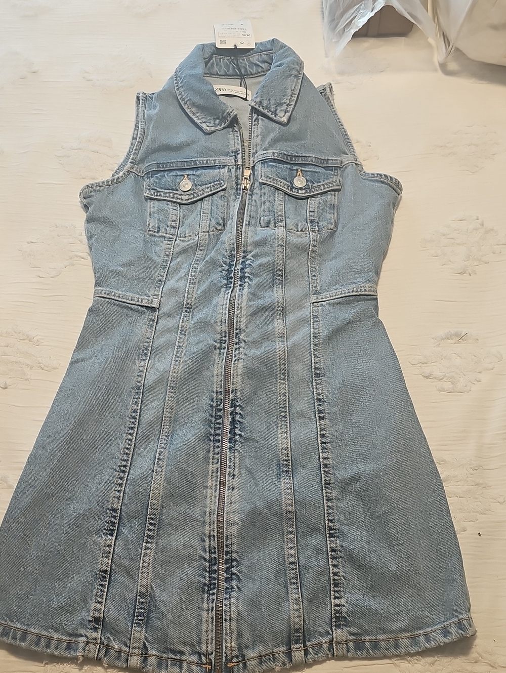 Zara Light Blue Sleeveless Denim Zip Dress